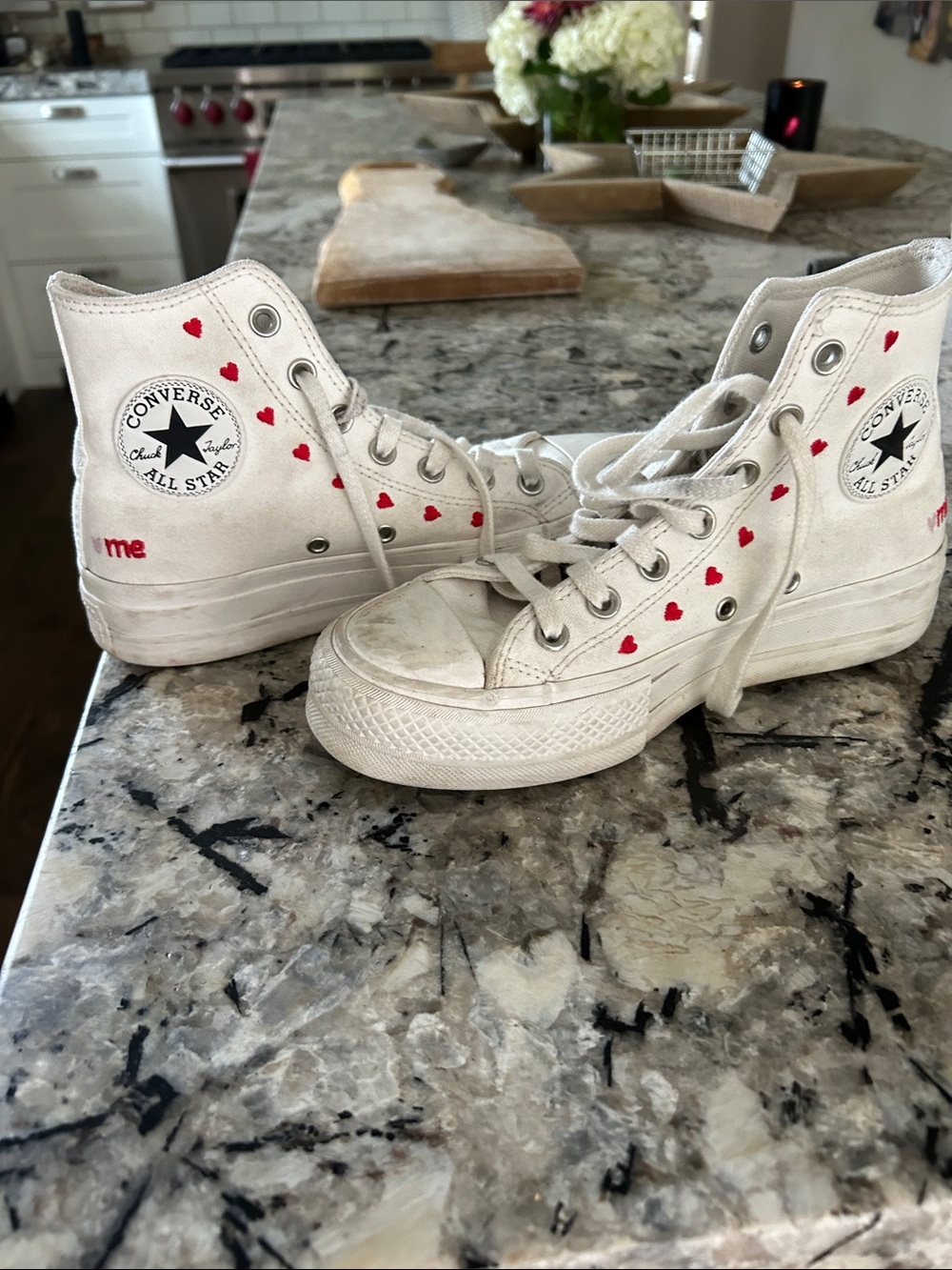 Converse White High Top Sneakers with Red Heart Accents